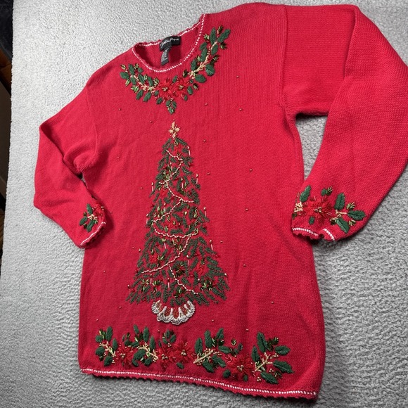 Work In Progress Christmas Sweater Womens XL Christmas Tree Beaded Embroidered - Picture 3 of 14